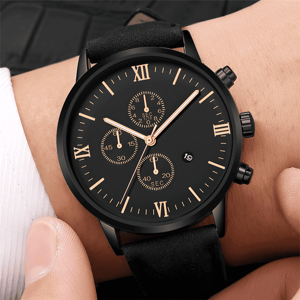 TimeMaster - Sporty Round Black Quartz Watch for Men with Roman Numerals and Date