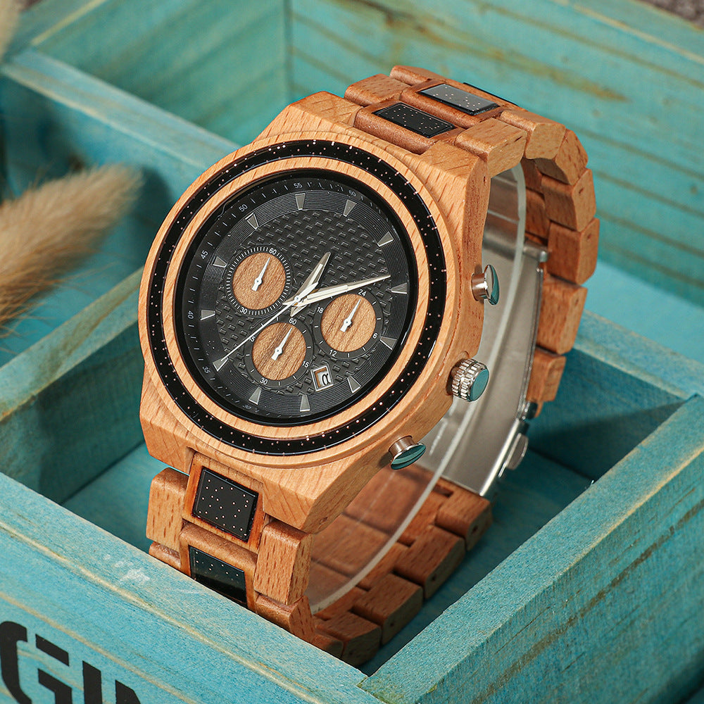 Multifunctional 6 Needles Wooden Mens Watch