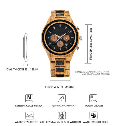 Multifunctional 6 Needles Wooden Mens Watch