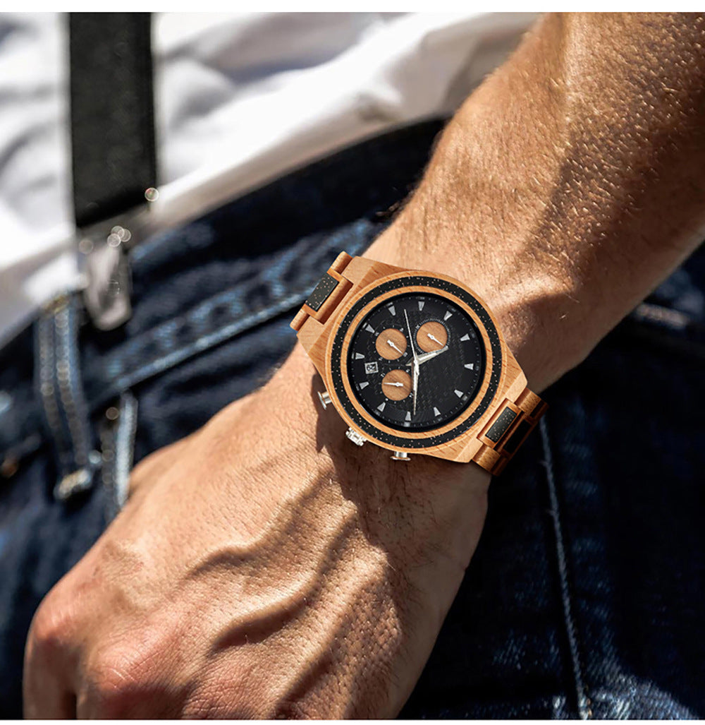 Multifunctional 6 Needles Wooden Mens Watch