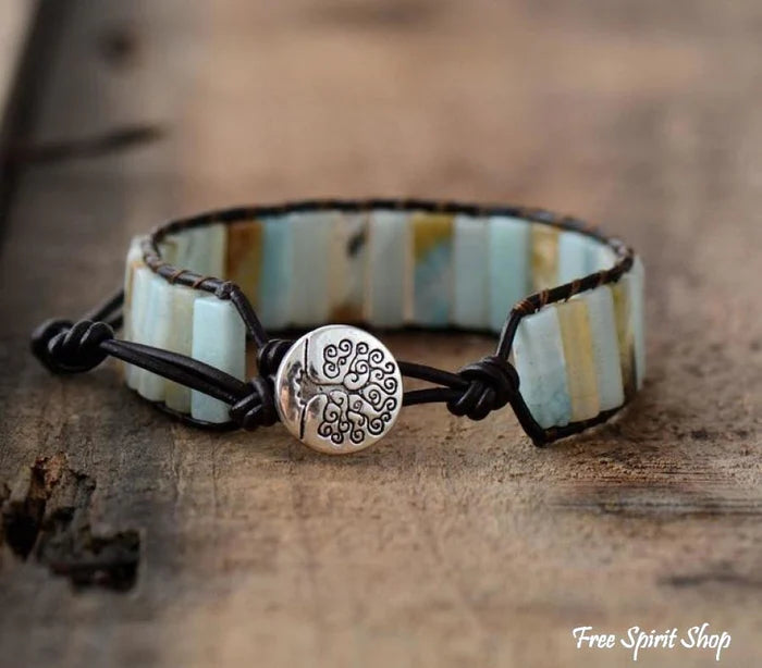 Handmade natural semi-precious amazonite stone & leather tree of life bracelet